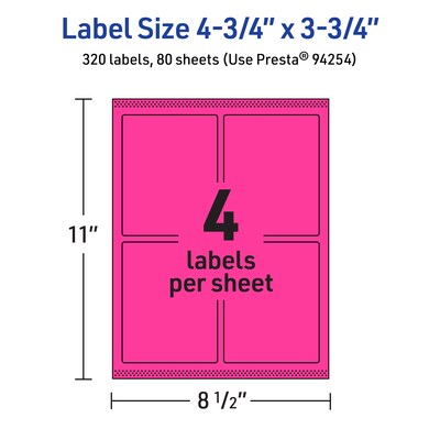Avery Laser/Inkjet Rectangle Multipurpose Labels, 4.75" x 3.75", Neon Magenta, 320/Box (94254)