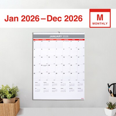 2026 Staples 22.19 x 29 Monthly Wall Calendar, White/Red/Gray (ST63005-26)