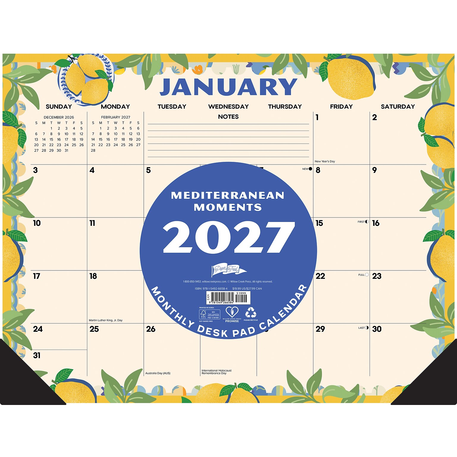 2027 Willow Creek Mediterranean Moments 22 x 17 Monthly Desk Pad Calendar, Assorted Colors (66584)