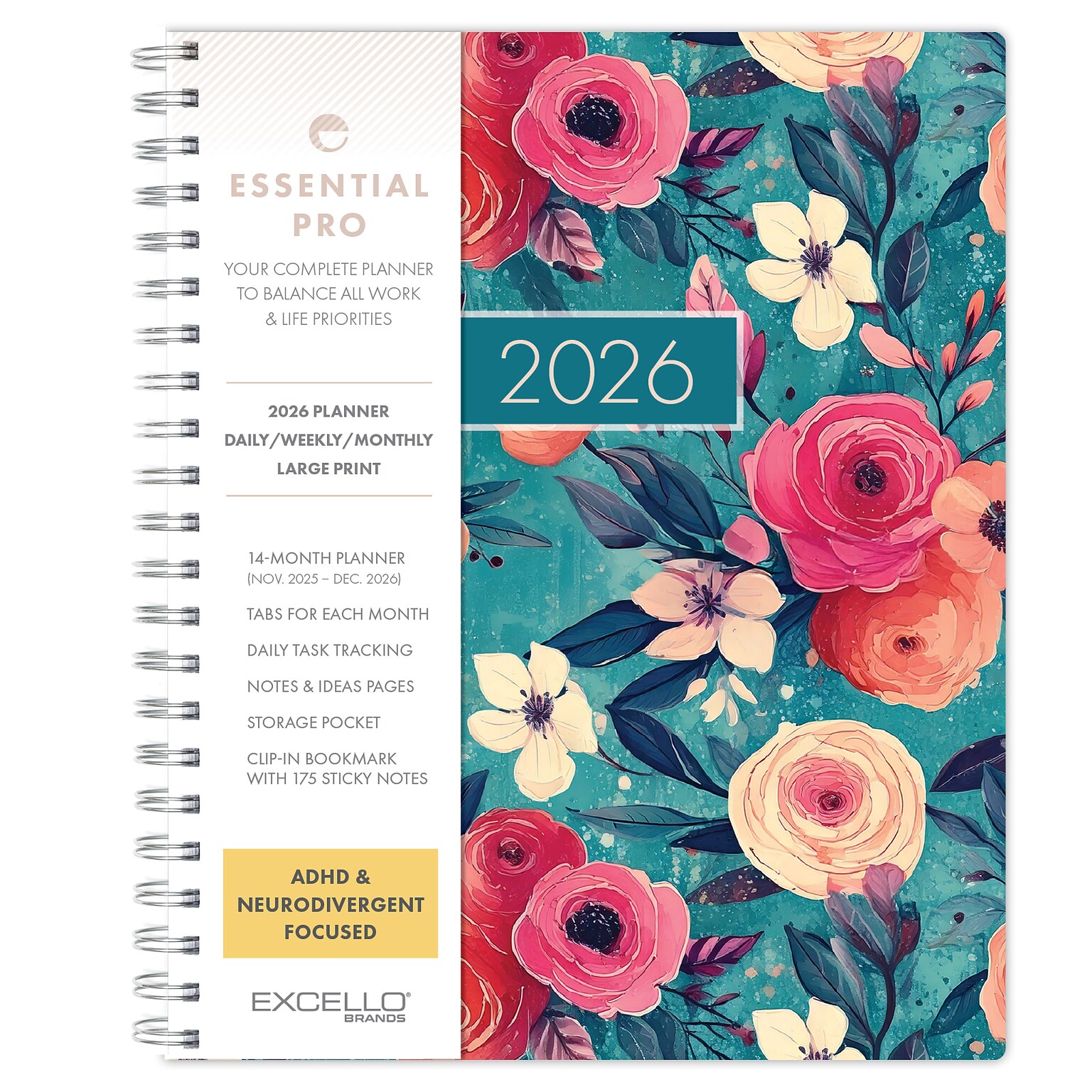 2026 Global Printed Products Essential Pro 8.5 x 11 Weekly & Monthly Planner, Paperboard Cover, Teal Floral (ESPROCY26851117)