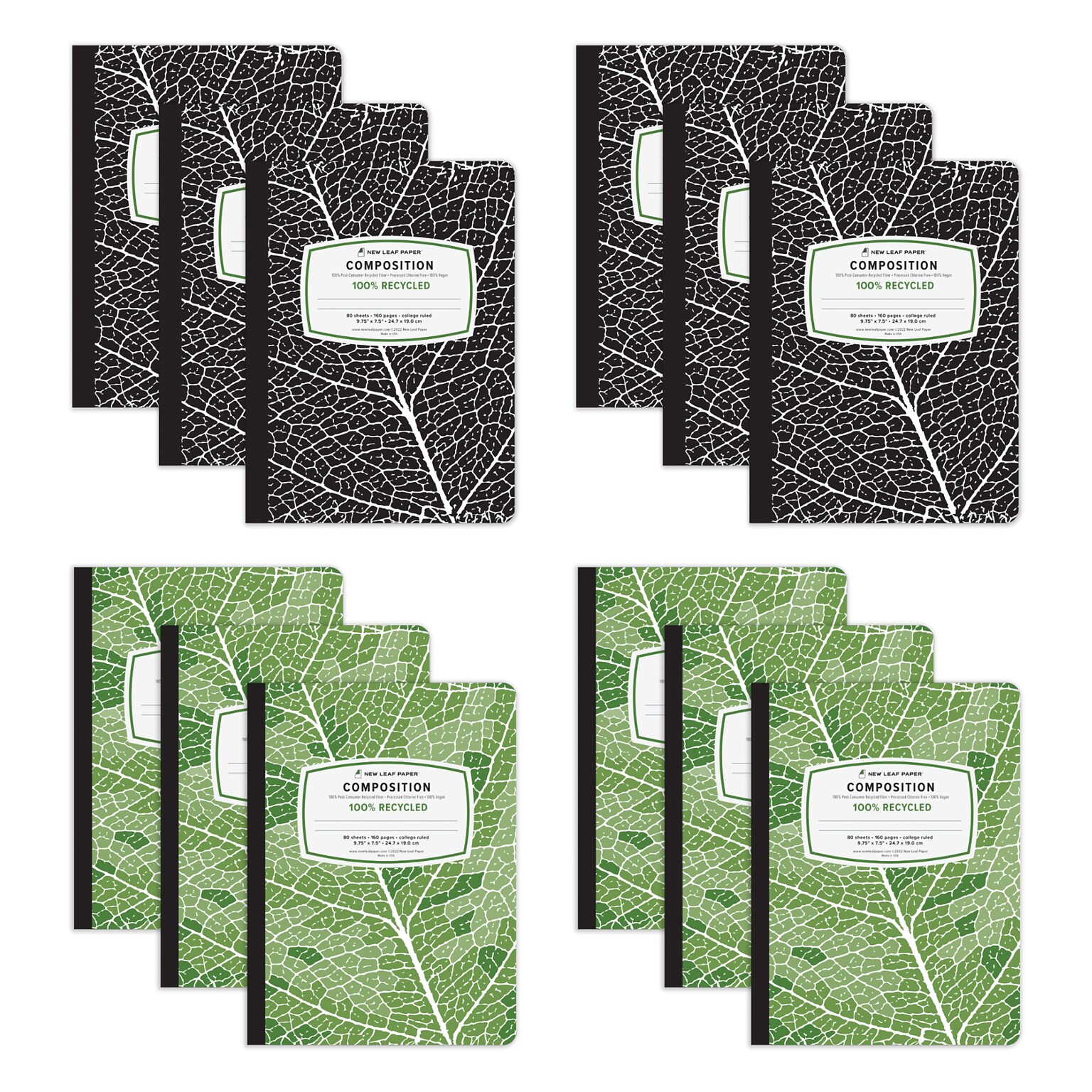 Roaring Spring New Leaf 1-Subject Composition Notebooks, 7.5 x 9.75, College Ruled, 80 Sheets, Assorted Colors, 12/Carton