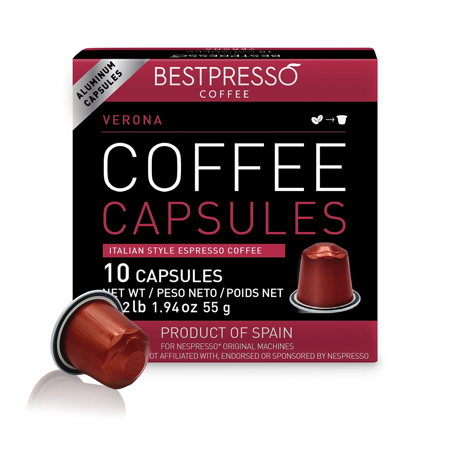 Bestpresso Verona Blend Coffee Nespresso Original Pods, Dark Roast, 10/Box (BST10406)