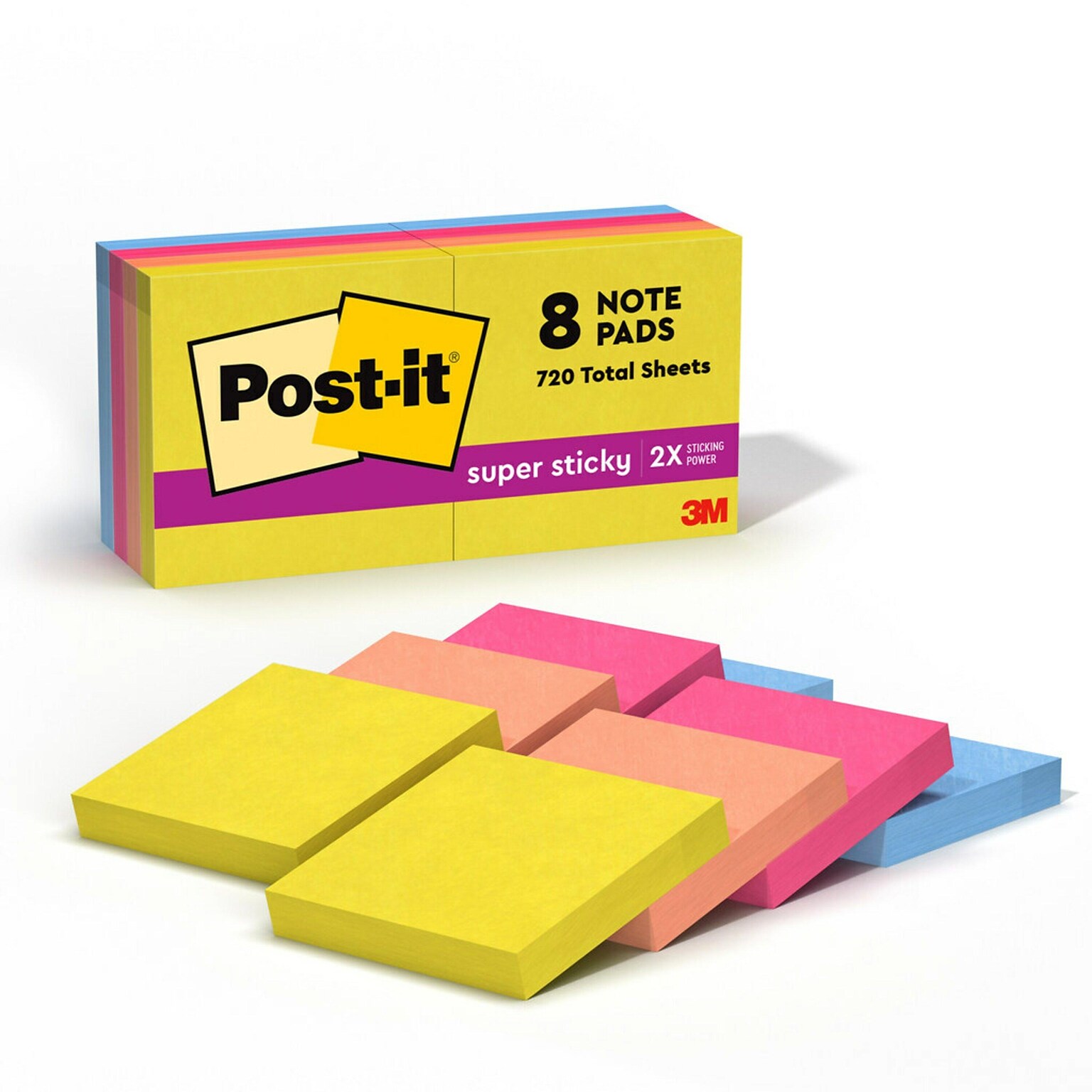 Post-it Super Sticky Notes, 1 7/8 x 1 7/8, Summer Joy Collection, 90 Sheets/Pad, 8 Pads/Pack (622-8SSJOY)