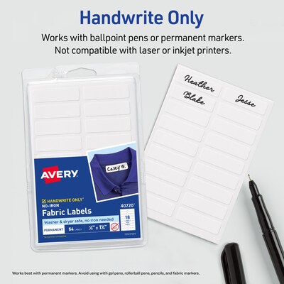 Avery No-Iron Fabric Waterproof Labels, 1/2" x 1-3/4", Handwrite Only, 180 Labels/Pack (40721)