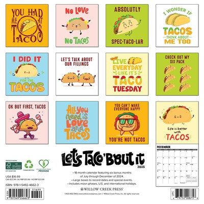 2025 Willow Creek Lets Taco About It 12 x 12 Yearly Wall Calendar (46623)
