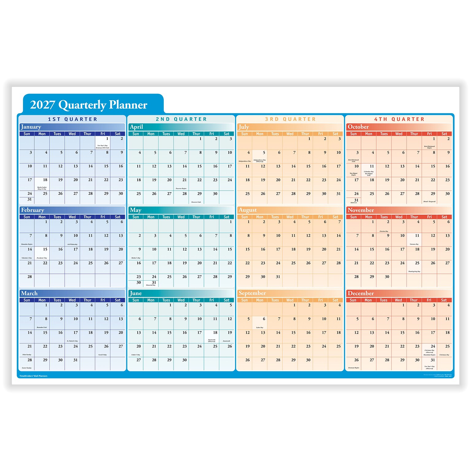 2027 ComplyRight 36 x 24 Yearly Dry Erase Wall Calendar, Red/Blue/Orange (J0061)