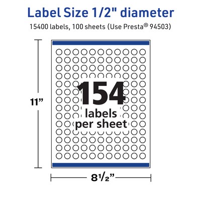 Avery Laser/Inkjet Round Multipurpose Labels, White, 154 Labels/Sheet, 100 Sheets/Pack (94503-TWMP100)