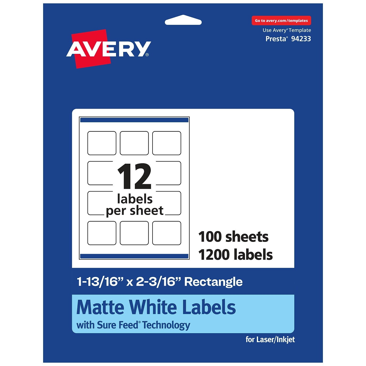 Avery Laser/Inkjet Multipurpose Labels, 2.1875  x 1.8125, Matte White, 1200/Box (94233)