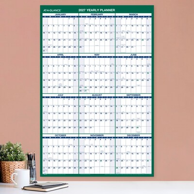 2027 AT-A-GLANCE 24" x 36" Yearly Dry Erase Wall Calendar, Reversible, White/Green (PM210-28-27)