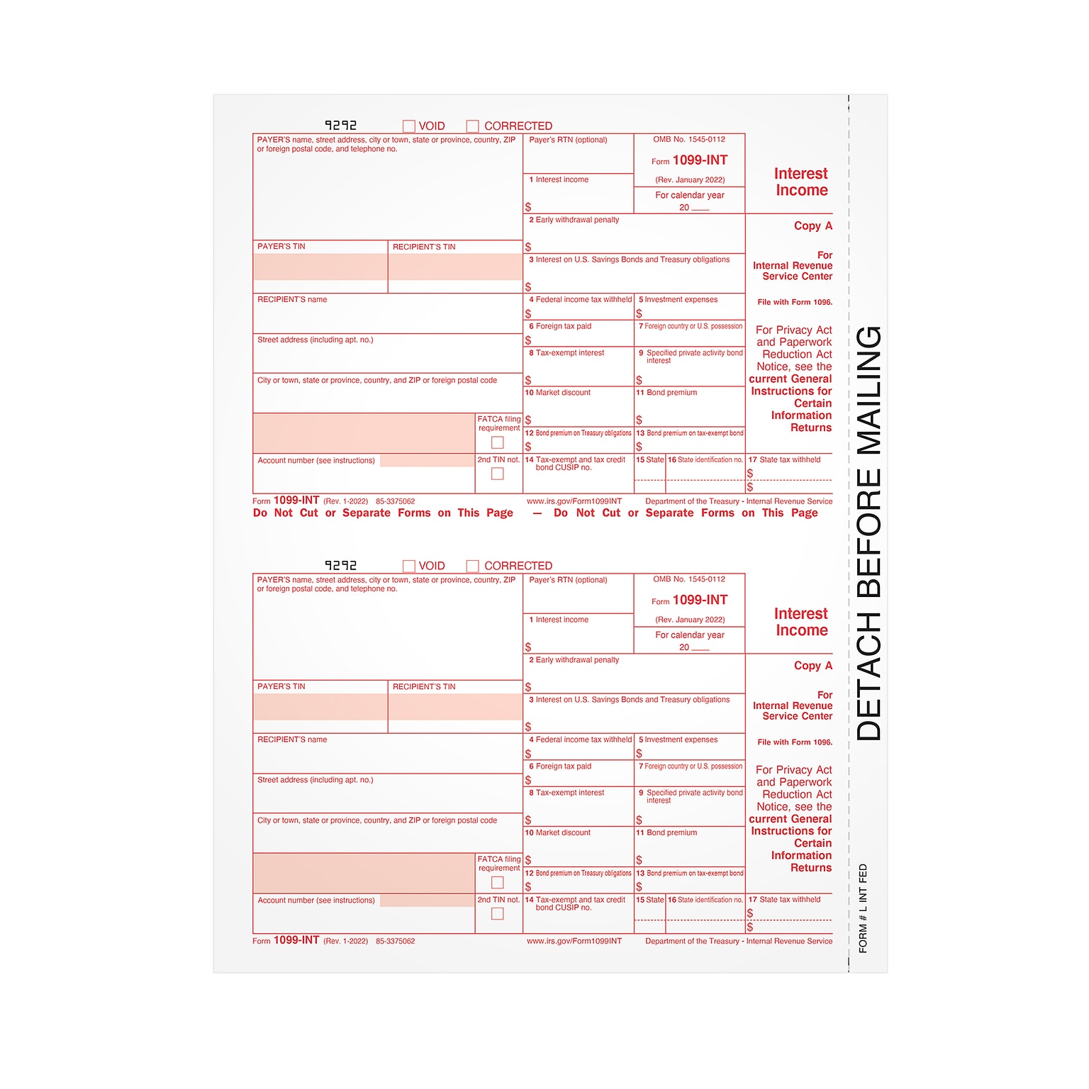 TOPS 2023 1099-INT Tax Form, Federal Copy A, 50/Pack (LINTFED-S)