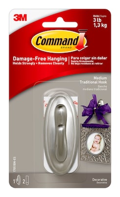 Command Medium Metallic Coated Hook, Brushed Nickel, 1 Hook, 2 Strips/Pack (17051BN-ES)