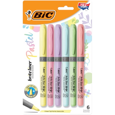 BIC Brite Liner Stick Highlighter with Grip, Chisel Tip, Assorted Pastel Colors, 6/Pack (GBLDP61-AST