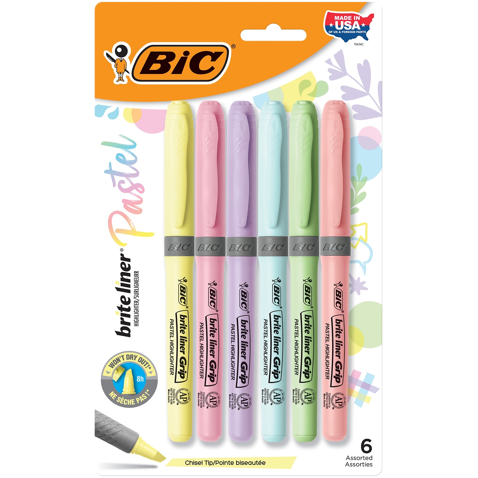 BIC Brite Liner Stick Highlighter with Grip, Chisel Tip, Assorted Pastel Colors, 6/Pack (GBLDP61-AST)