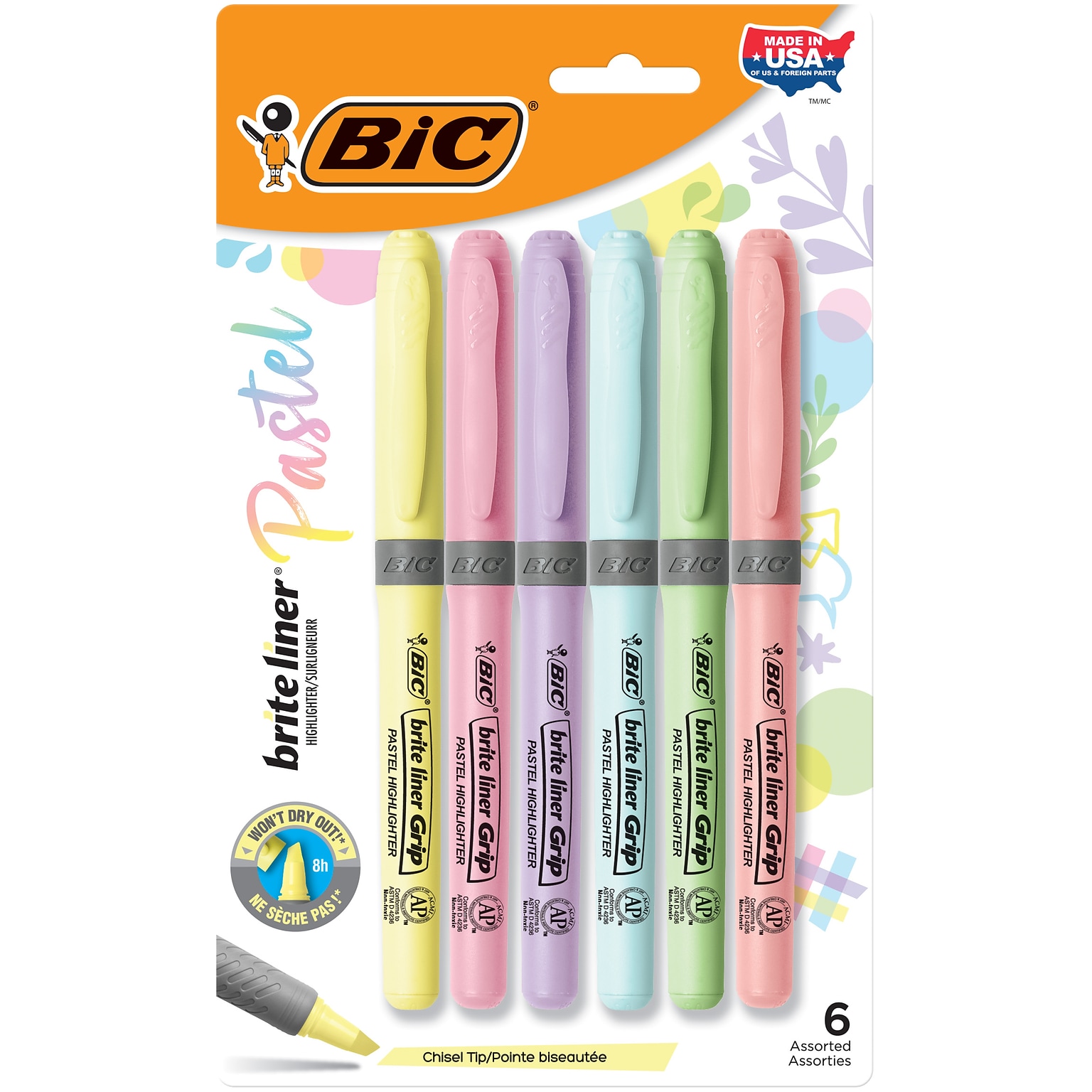 BIC Brite Liner Stick Highlighter with Grip, Chisel Tip, Assorted Pastel Colors, 6/Pack (GBLDP61-AST )