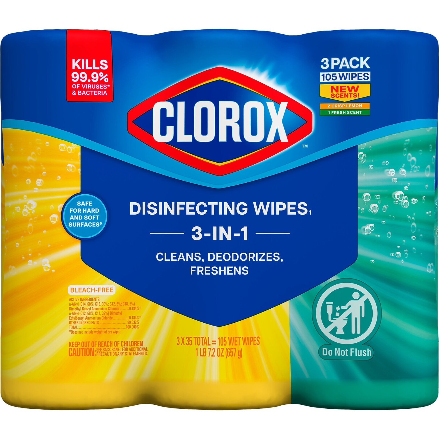 Clorox Value Pack Disinfecting Wipes, Fresh/Crisp Lemon Scent, 35 Wipes/Container, 3/Pack (30112)
