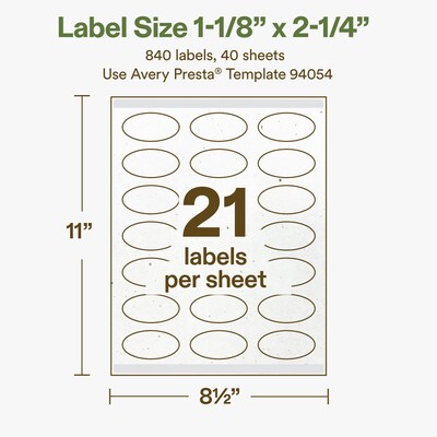 Avery Hemp Oval Laser/Inkjet Multipurpose Labels, 1-1/8" x 2-1/4", Off-White (840/Box)