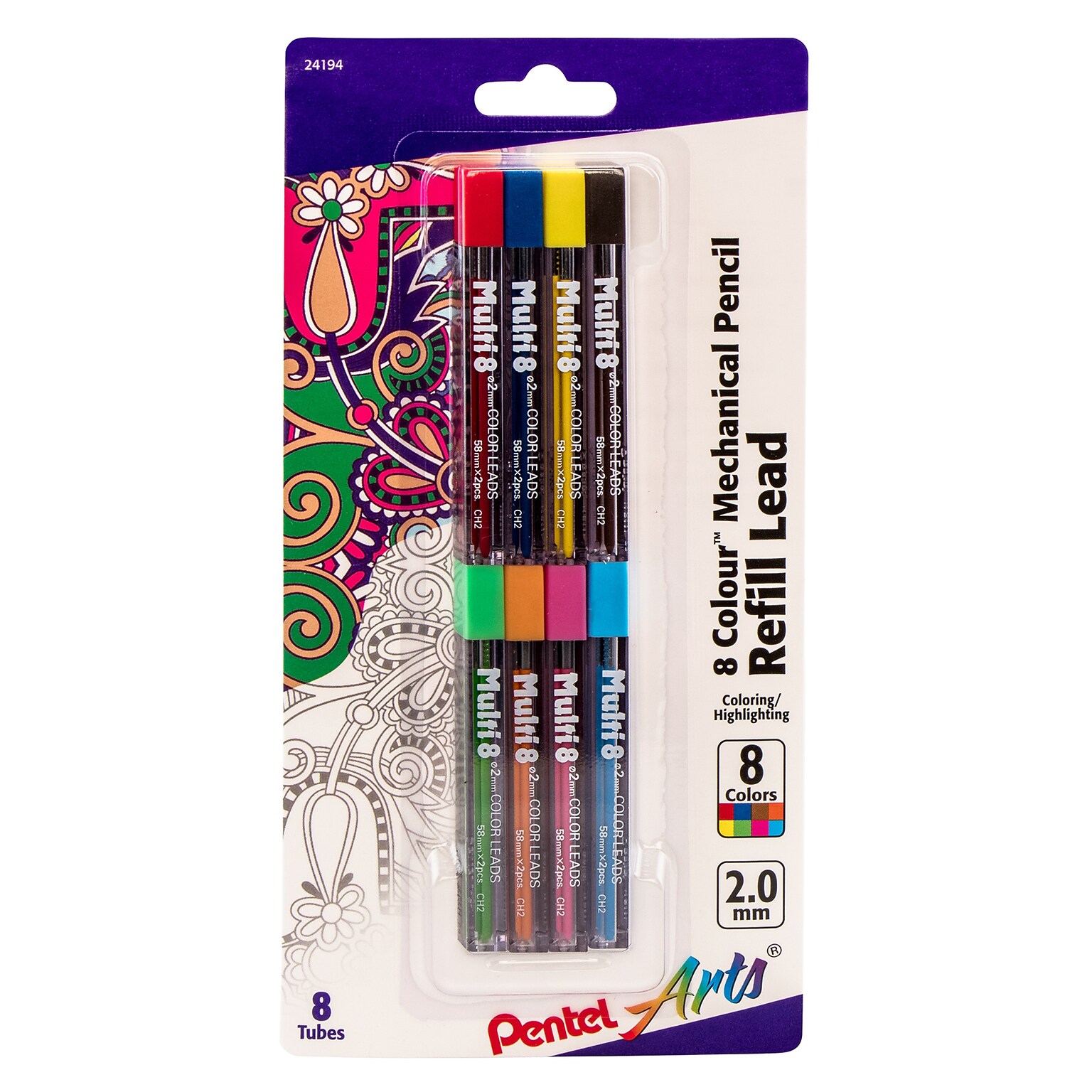 Pentel Arts 8 Color Pencil Lead Refill, Assorted Colors, 8-Pack (PTACH2BP8M)