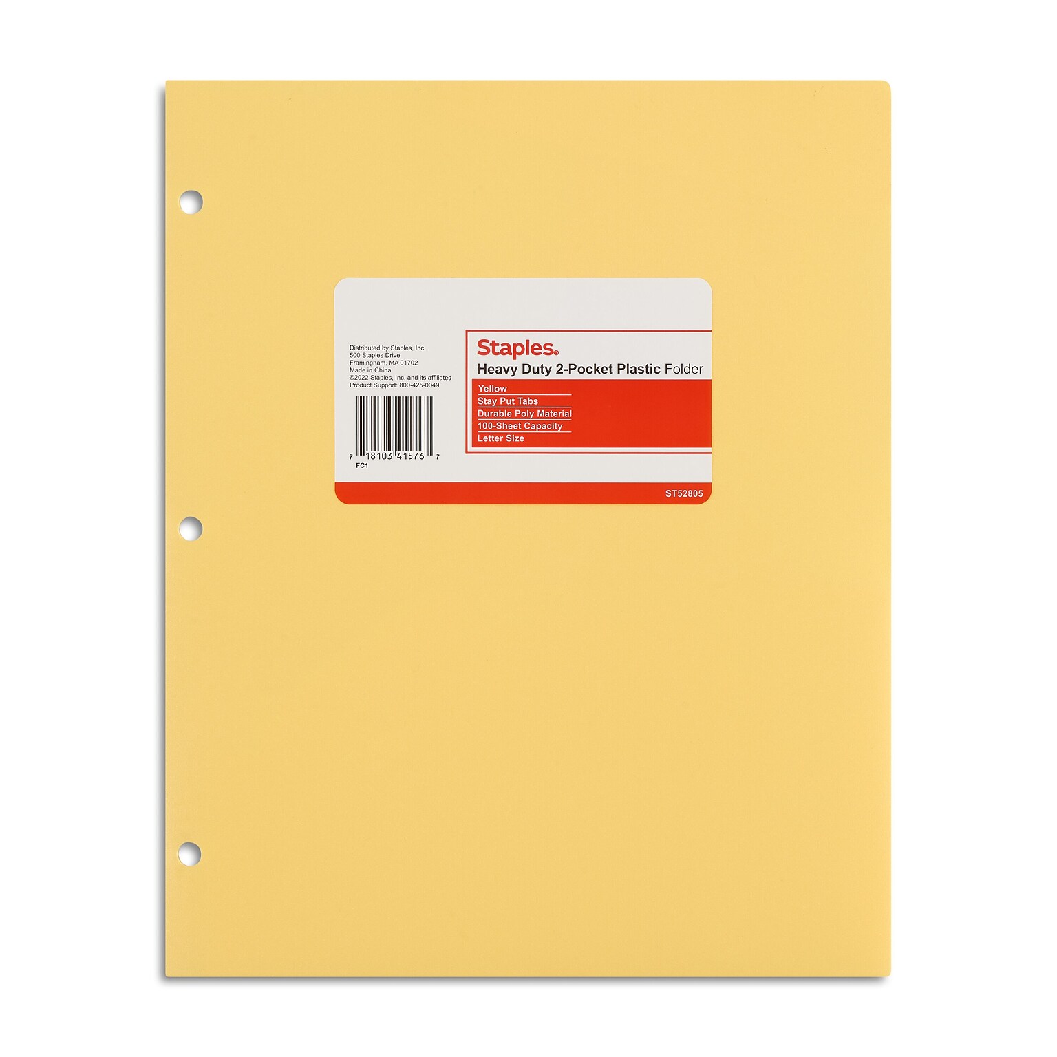 Staples 3-Hole Punched 2-Pocket Plastic Portfolio Folder, Yellow (52805)