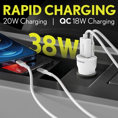 Overtime 38W Dual Port Car Charger & Two USB-C to Lightning Cables Bundle, White (OTC2PD6ICX2)