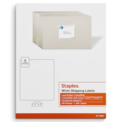 Staples® Laser/Inkjet Shipping Labels, 3 1/3 x 4, White, 6 Labels/Sheet, 250 Sheets/Pack, 1500 Lab