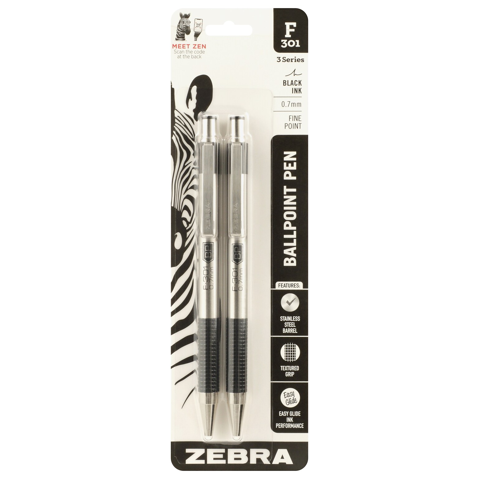 Zebra F-301 Retractable Ballpoint Pen, Fine Point, 0.7mm, Black Ink, 2 Pack (27112)