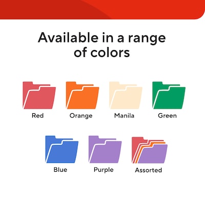 Staples File Folders, Letter Size, 1/3-Cut Tabs, Assorted Positions, Assorted Colors, Heavy-Duty Paper Stock, 250/Pack