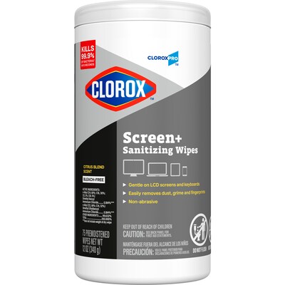 CloroxPro Clorox Screen+ Sanitizing Wipes, Bleach Free, Citrus Blend Scent, 75 Wipes/Container, 6/Carton (60724CT)