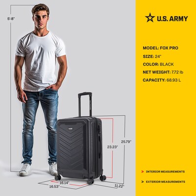 US Army FOX PRO 24" Hardside Suitcase, 4-Wheeled Spinner, TSA Checkpoint Friendly, Black (USLFPRO00M-BLK)