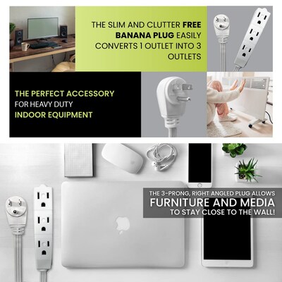 GoGreen Power 8' Extension Cord, 3-Outlet, 16 AWG, White (GG-19608)