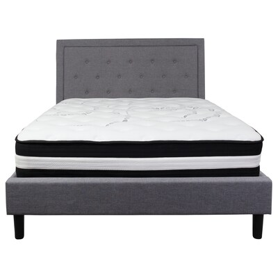 Flash Furniture Roxbury Tufted Upholstered Platform Bed in Light Gray Fabric with Pocket Spring Mattress, Queen (SLBM27)