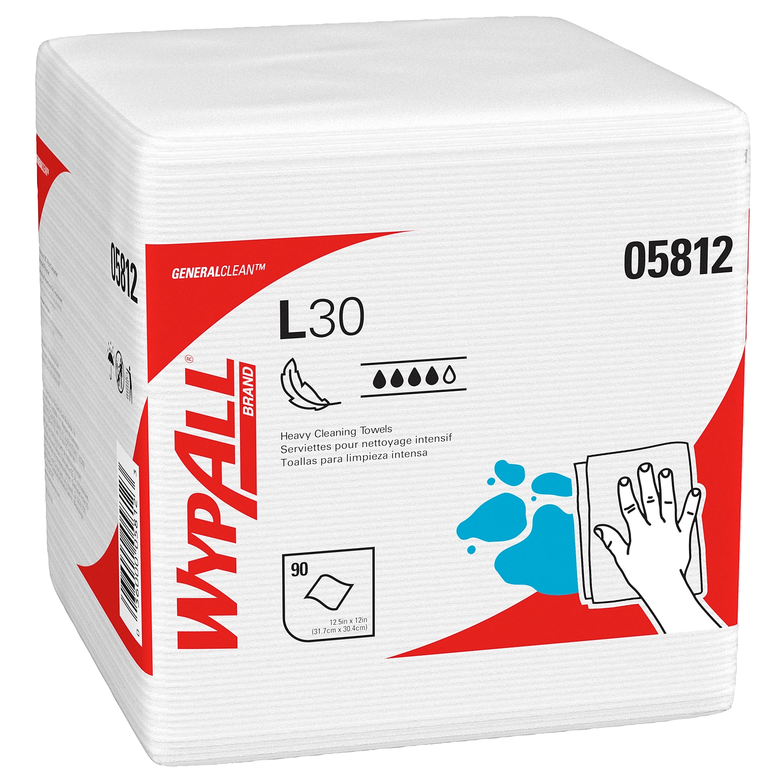 WypAll GeneralClean L30 Durable Fibers Cleaning Wipers, 12 x 12.5, White, 90 Wipers/Box, 12/Carton (05812)