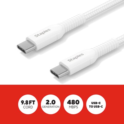 Staples TECH USB-C to USB-C Charging Cable, 9.8 ft., White (ST62336)