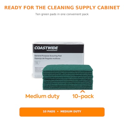 Coastwide Professional Medium Duty Scouring Pad, Green, 10/Pack