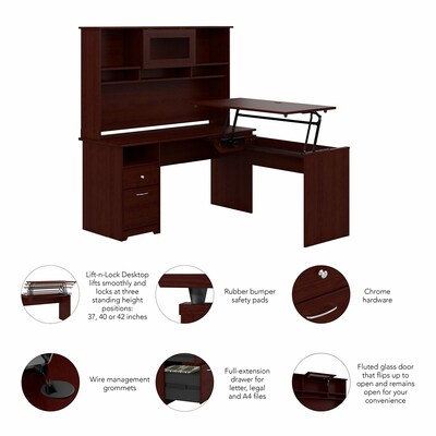 Bush Furniture Cabot 60"W 3 Position L Shaped Sit to Stand Desk with Hutch, Harvest Cherry (CAB045HVC)