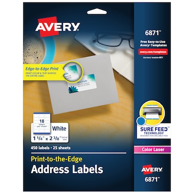 Avery Print-to-the-Edge Laser Address Labels, 1-1/4 x 2-3/8, White, 18 Labels/Sheet, 25 Sheets/Pac