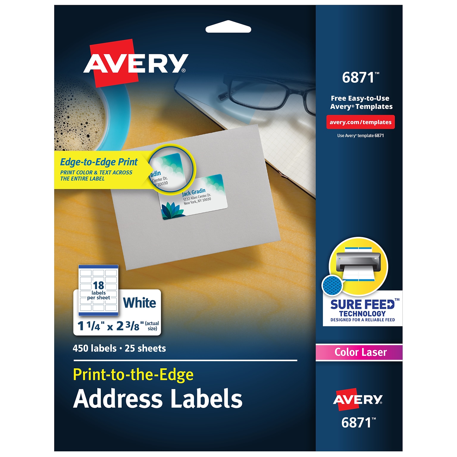 Avery Print-to-the-Edge Laser Address Labels, 1-1/4 x 2-3/8, White, 18 Labels/Sheet, 25 Sheets/Pack   (6871)
