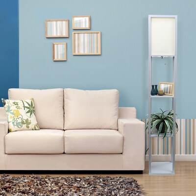 Simple Designs 62.50" Floor Lamp Etagere Organizer Storage Shelf with Linen Shade, Grey (LF1014-GRY)