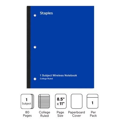 Staples Wireless 1-Subject Notebook, 8.5" x 11", College Ruled, 80 Sheets, Blue (TR58378)