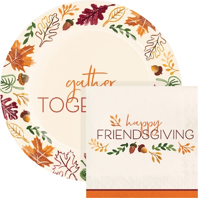 Creative Converting Fall Festivities Friendsgiving Paper Plates and Napkins Set, Serves 16, 48/Pack (DTC9029E2I)
