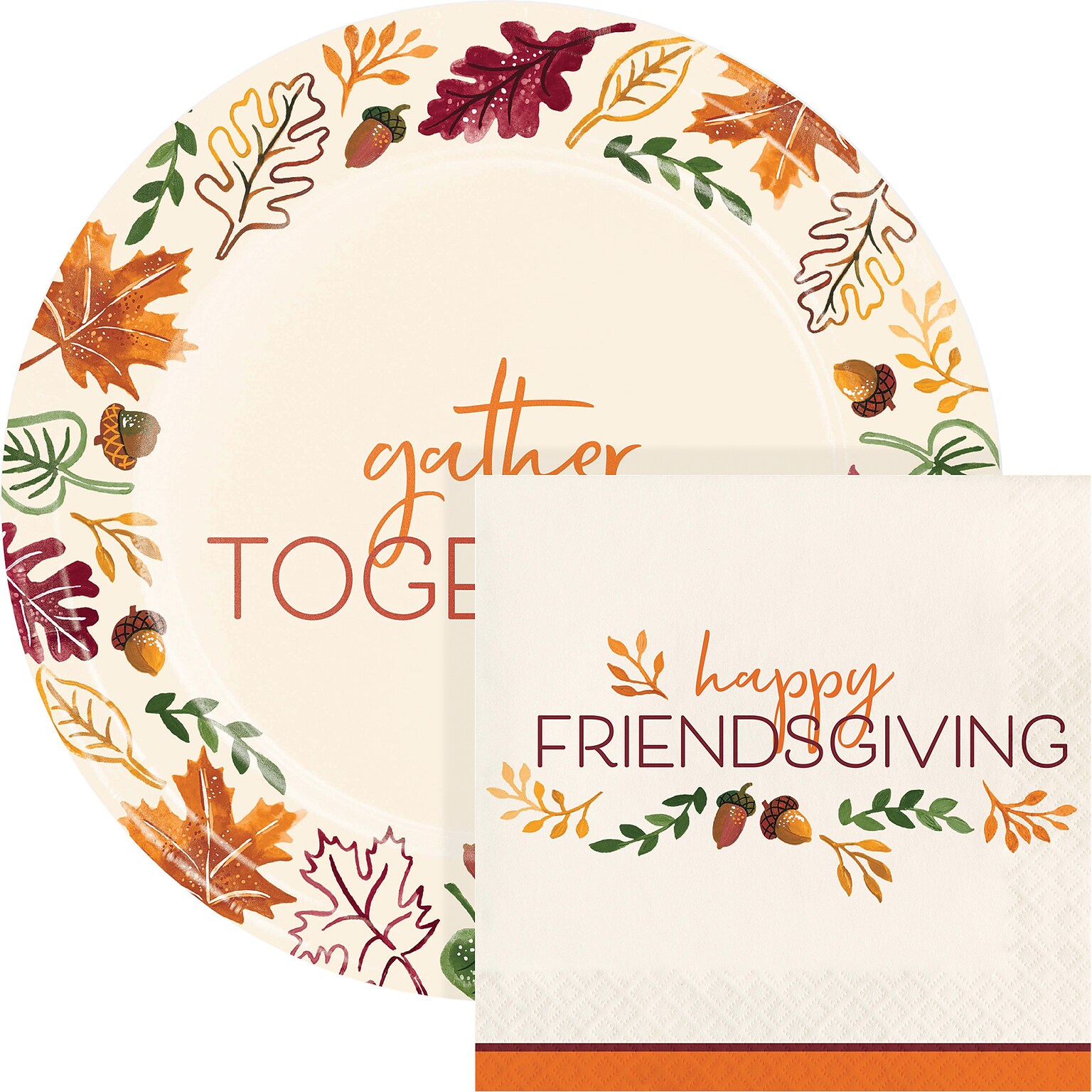 Creative Converting Fall Festivities Friendsgiving Paper Plates and Napkins Set, Serves 16, 48/Pack (DTC9029E2I)