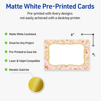 Avery Gold-Pink Berries Matte Blank Card, White, 20/Pack (S00-FGK)