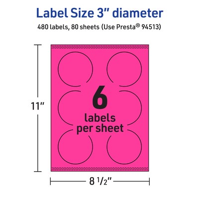 Avery Laser/Inkjet Round Multipurpose Labels, 3" Dia., Neon Magenta, 480/Box (94513)