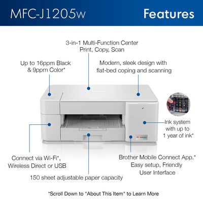 Brother INKvestment Tank MFC-J1205W Wireless Color Inkjet Printer, All-In-One Supertank, Print, Scan, Copy