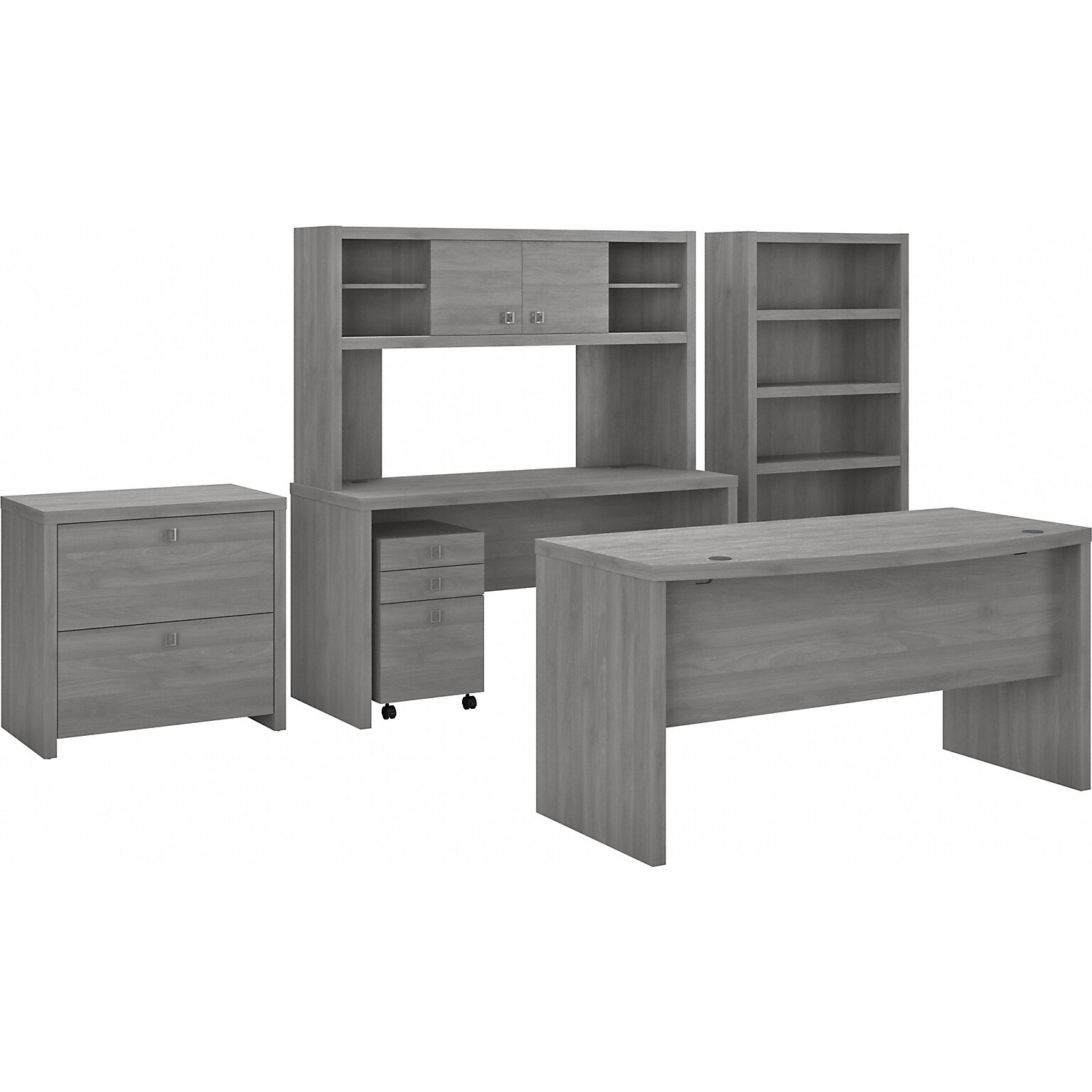 Bush Business Furniture Echo 60W Bow Front Desk, Credenza with Hutch, Bookcase and File Cabinets, Modern Gray (ECH029MG)