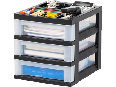 Iris 3-Compartment Stackable Desktop Storage Drawer, Black/Translucent White (116351)