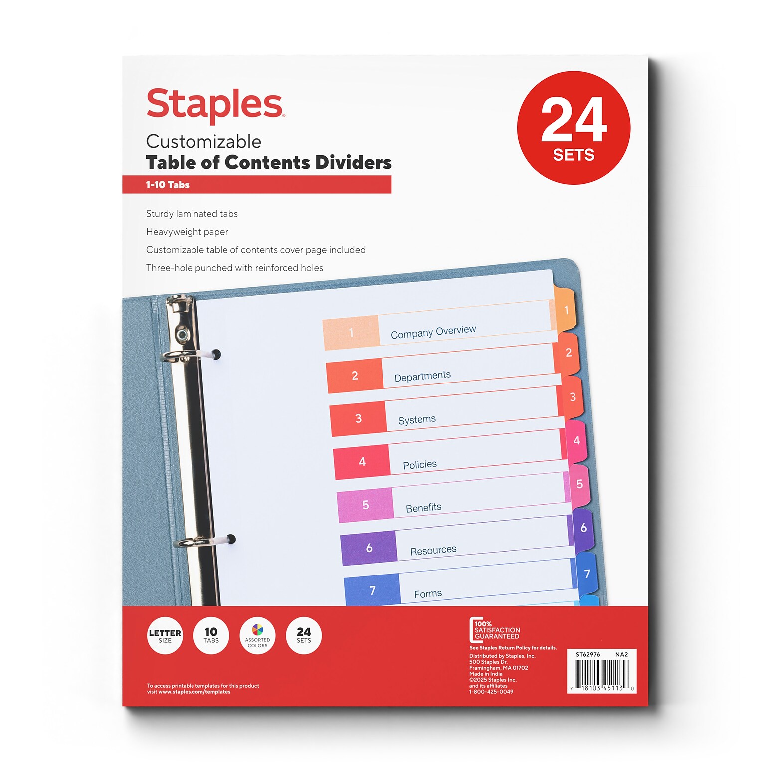 Staples Customizable Table of Contents Numeric Dividers, 10-Tabs, 24 Sets, Multicolor (ST62976)