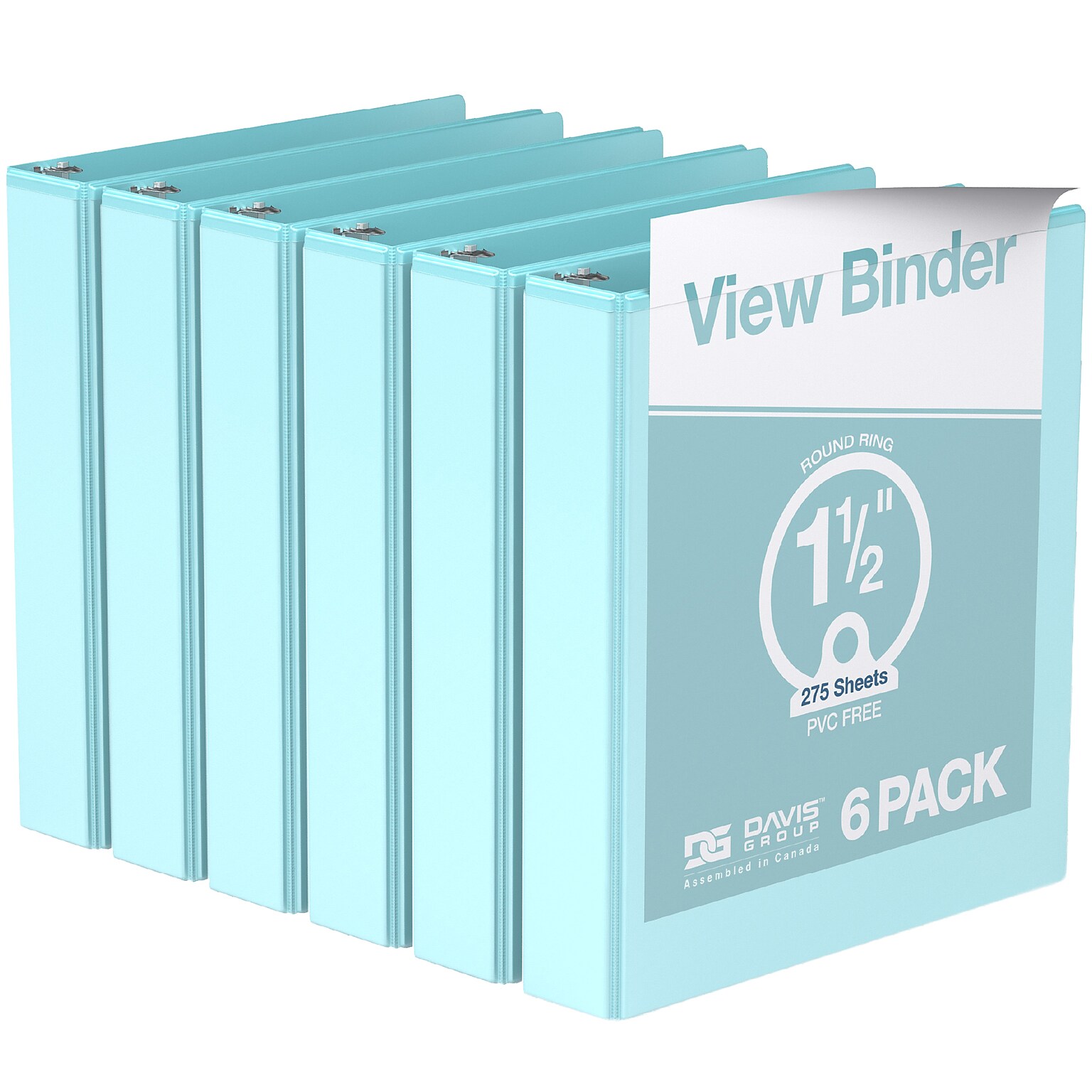 Davis Group, 1.5, 8.5 x 11, Round Ring View Binder, Pastel Color, Aqua, 6/Pack (7412-12-06)