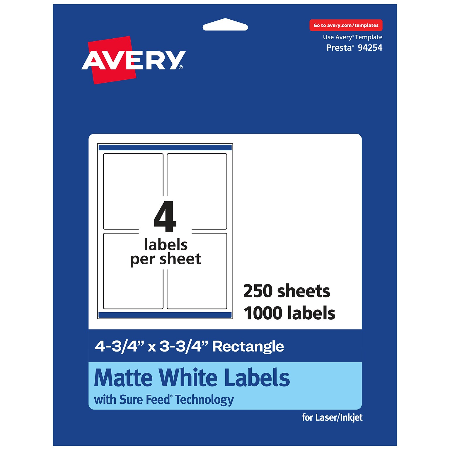 Avery Laser/Inkjet Rectangle Multipurpose Labels, 4.75 x 3.75, White, 1000 Labels/Box (94254)
