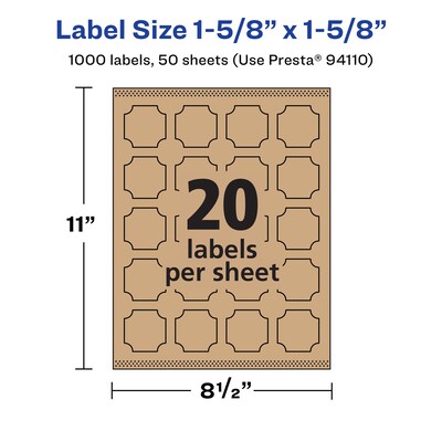 Avery Laser/Inkjet Decorative Edge Multipurpose Labels, 1-5/8" x 1-5/8", Kraft Brown, 1000 Labels/Box ( 94110)