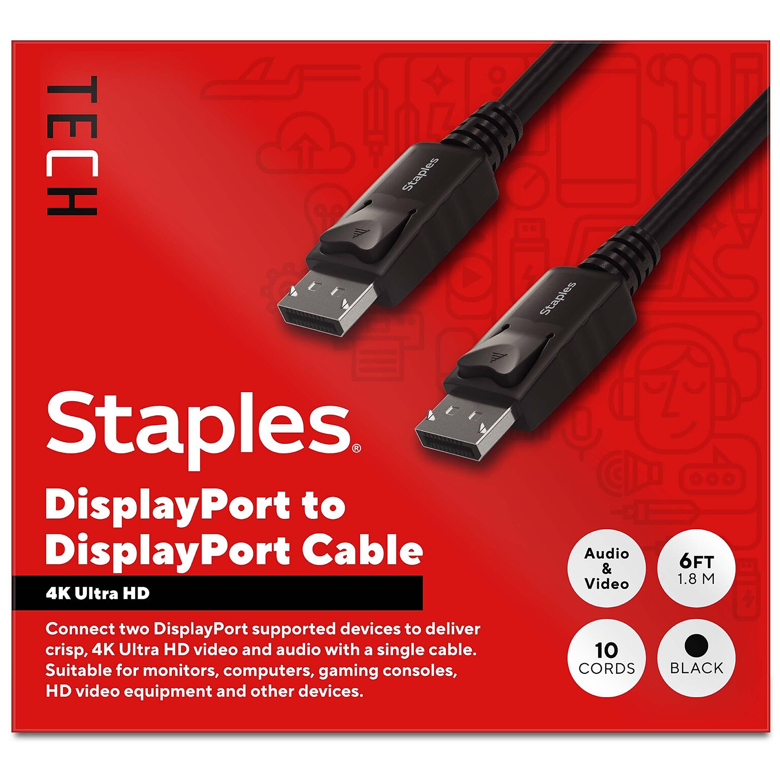 Staples TECH 6 ft. Display Port to Display Port Audio/Video Cable, Male to Male, Black, 10/Pack (ST62475)